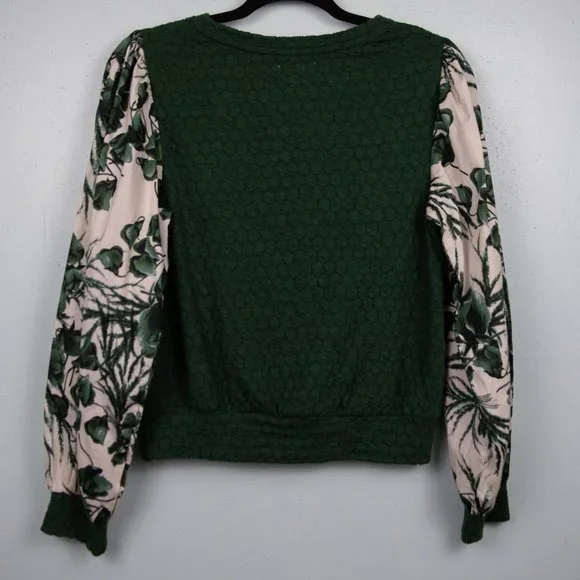 Anthropologie Porridge green textured floral sleeve mixed media sweatshirt-XS - Picture 4 of 4